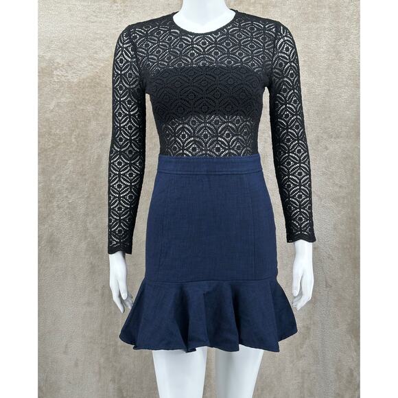 Veronica Beard Dress Womens 2 Black Blue Bex Lace Long Sleeve Ruffle‎ Sexy Club